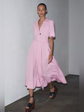 ZARA ZW Collection Pink Striped Poplin Belted Midi Dress. L NWT